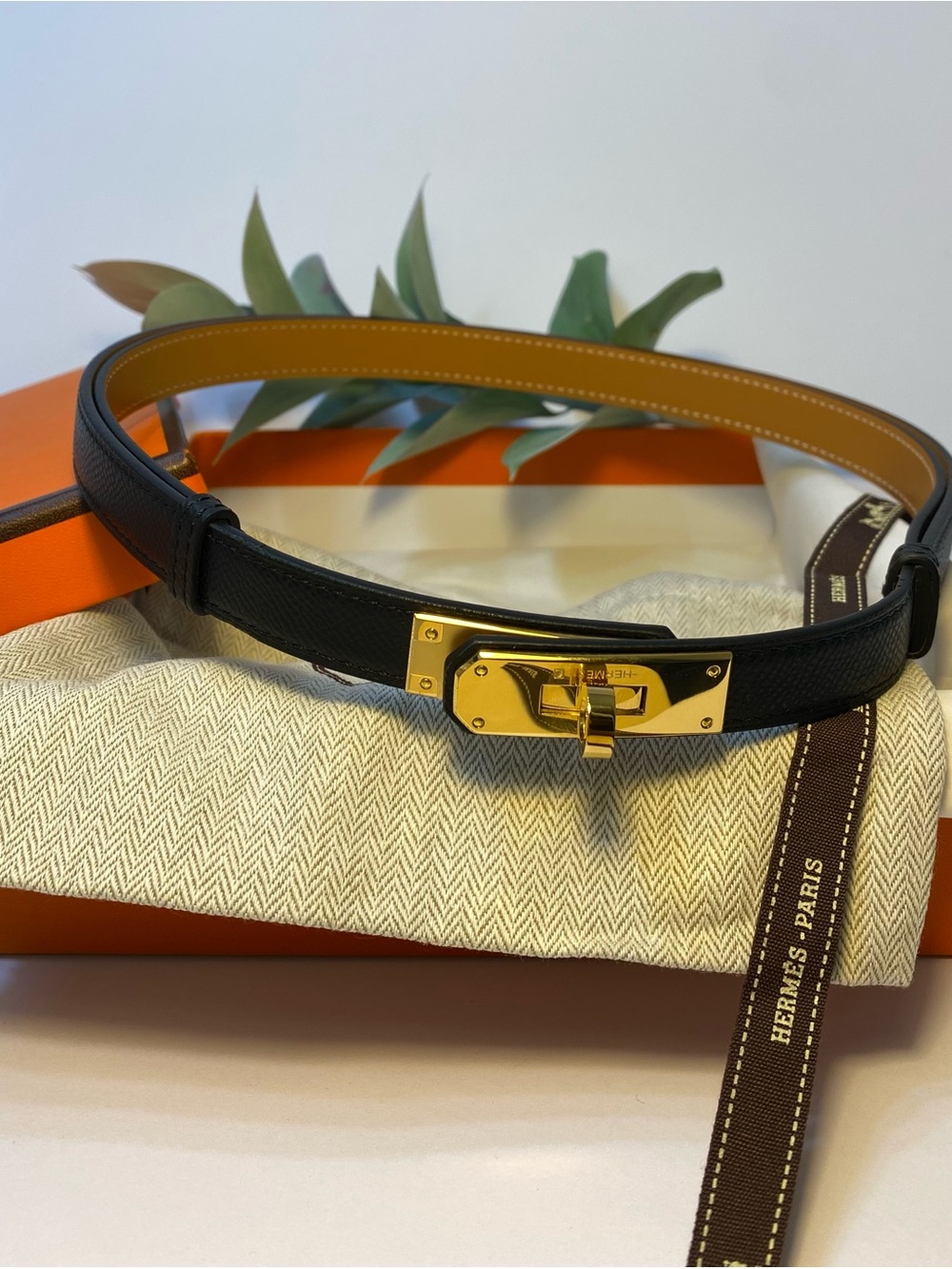 Hermes Black Leather Belt with Gold Kelly-Style Hardware